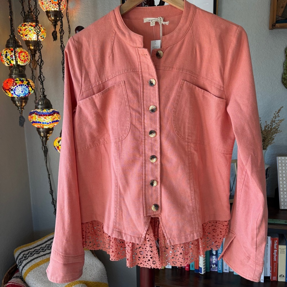 NWT Faraways Coral‎ Pink Button Front Jacket Lace Hem Soft Tailored Layer - M